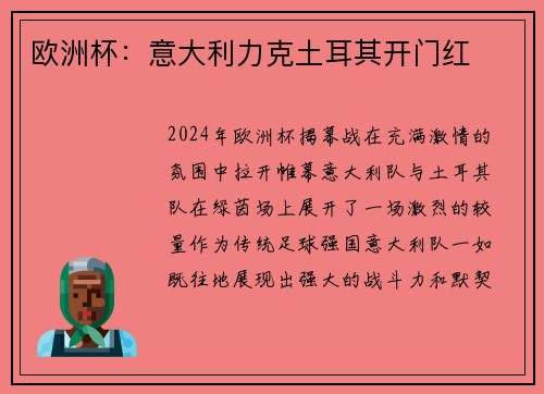 欧洲杯：意大利力克土耳其开门红